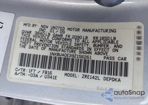 2009 Toyota Corolla Le from USA, damaged, VIN 1NXBU40E39Z156261